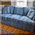 F20. Ethan Allen blue sofa. 82"w 